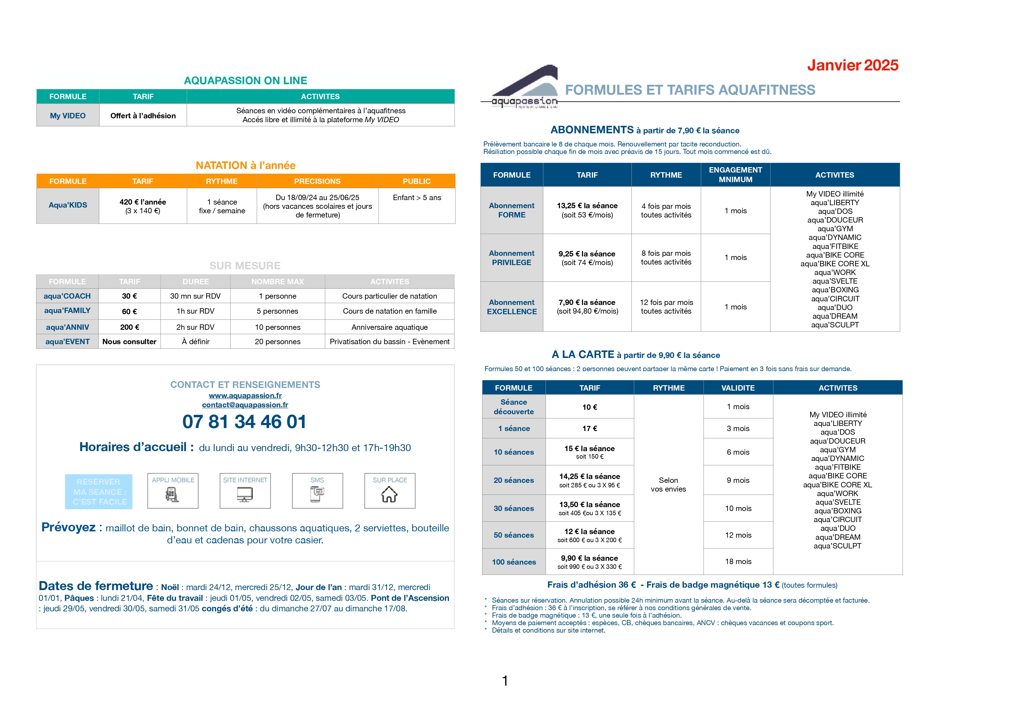 Formules et tarifs du centre aquatique Aquapassion